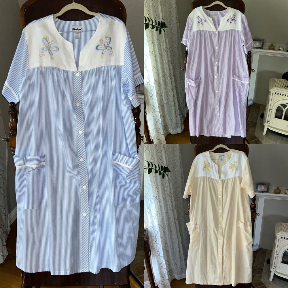 3 Vintage Anthony Richard Embroidered House Dress Striped button front gown 1X